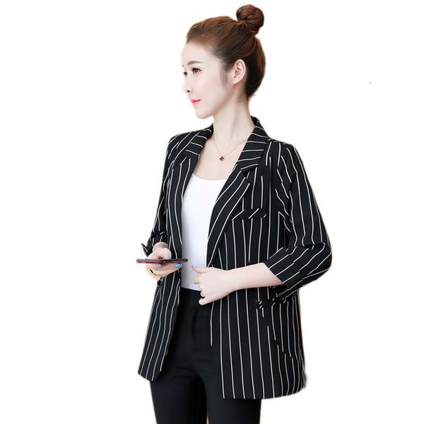 

women's suits & blazers spring autumn korean plus size blazer fashion 3/4 sleeve striped coat loose temperament thin suit jacket, White;black