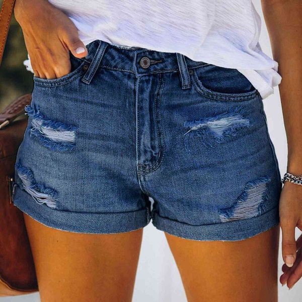 

summer trendy ripped denim women jeans shorts fashion pocket solid pants hole bottom casual, Blue