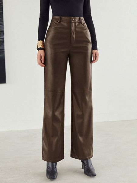 

zipper fly palazzo pu leather pants w9vd#, Black;white