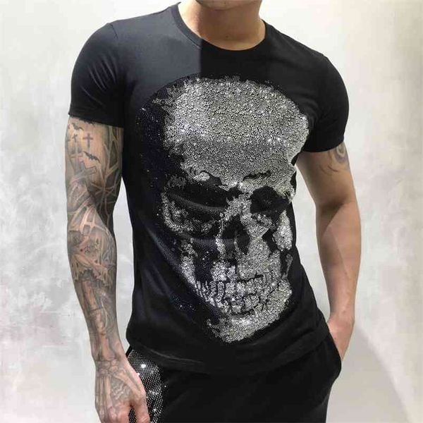 Duyou Mens Designer T Camisetas Homens de Manga Curta Moda Rhinestone Grande Crânio Homem T-shirt Masculino Alta Qualidade 100% Algodão Tees FZW070 210409