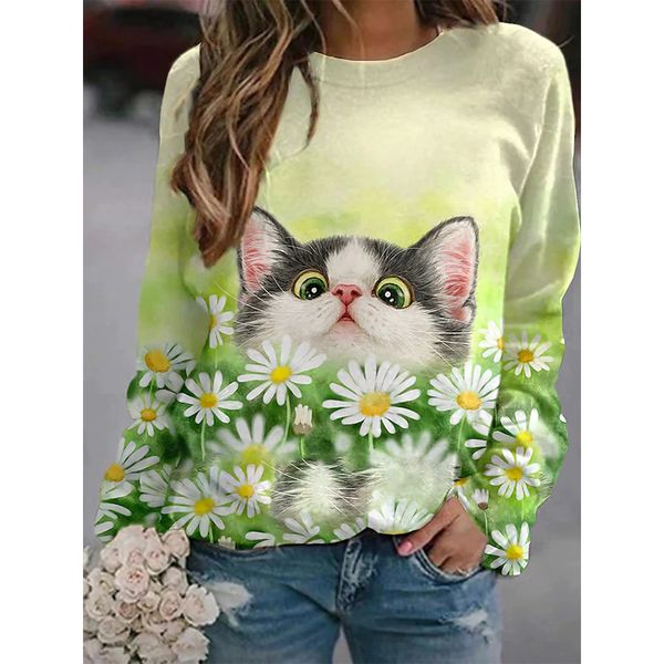 

simple and cute style female fashion 3d printing short slim t-shirt autumn long sleeve round neck basic leisure, White