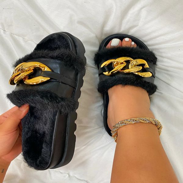 

luxury slippers summer one line open toe hair thick soled metal chain cotton slippers large women's sho, Black