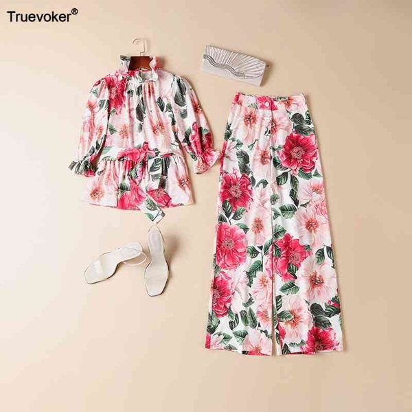 

truevoker spring runway fashion two piece suits for party women peony print tied waist + long pant lady sets 210602, White