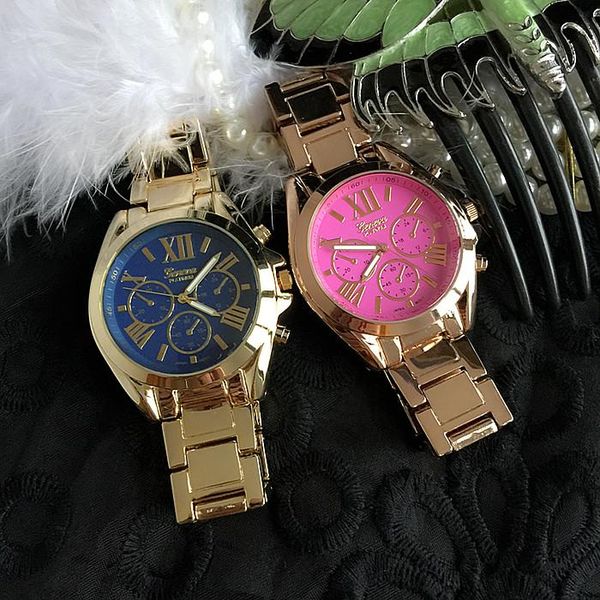 

wristwatches women stainless steel band colored face link watch, classic two tone bracelet watch geneva, Slivery;brown