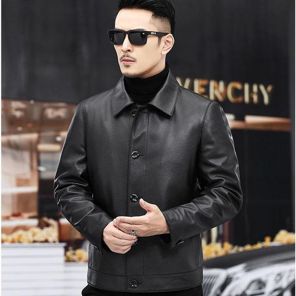 

men's leather & faux 2021 authentic first layer deer skin jacket short lapel genuine business casual coat, Black