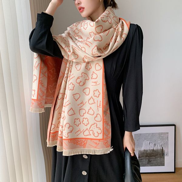 

korean style love bear autumn and winter double-sided thickened korean style long tassel warm scarf air conditioning shawl for women, Blue;gray