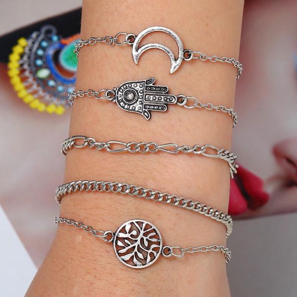 

beaded, strands lxy-w 2021 multilevel geometric silver color moon palm round leaf chain set bracelet for women vintage boho fashion jewelry, Black