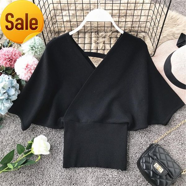 

women's sweaters streetwear pullovers v-neck knitted sweater women stretchable batwing sleeve hollow out clothes, White;black
