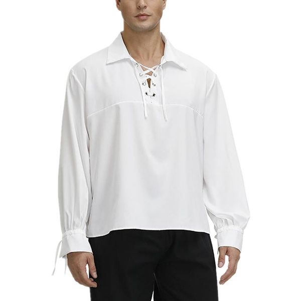 

men's casual shirts white lace up turn down collar long sleeve renaissance medieval vintage shirt streetwear men pirate cosplay goth vi, White;black