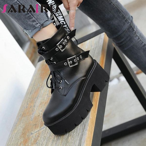 

boots sarairis fashion platform cosy for walk square heels chic winter shoes women belt buckles motorcycles boot footwear, Black