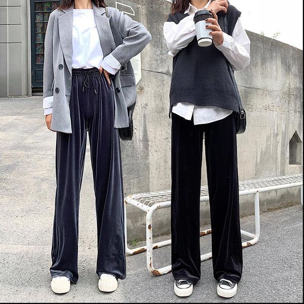 

casual velvet autumn long womens pants straight wide soft leg trousers elastic waist female, Black;white