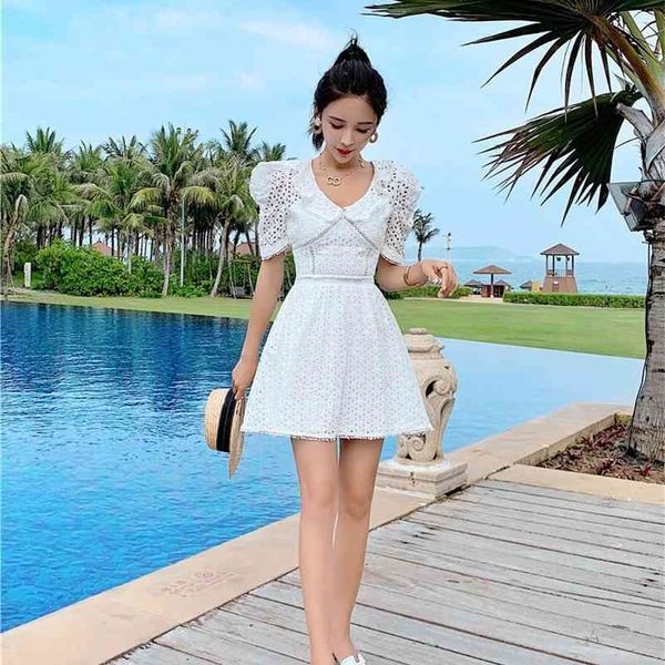 

[ldyrwqy] summer white hollow lace v-neck dress knee-length sheath office lady solid short zippers 210416, Black;gray