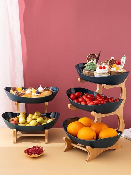 

dishes & plates candy dish living room home plastic fruit plate with wood modern holder snack dried basket 2/3 tiers kitchen