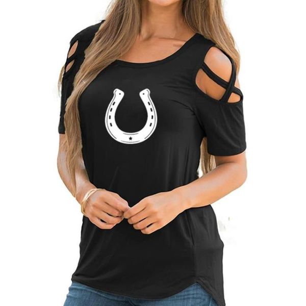 

women's t-shirt women fashion bandage off shoulder cowgirl horseshoe pattern printing large size summer tee drop ship, White