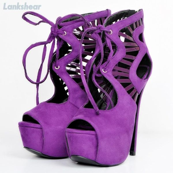 

sandals women pumps suede lace up purple woman boots peep toe cross tied selling gladiator cutouts platform high heel shoes, Black