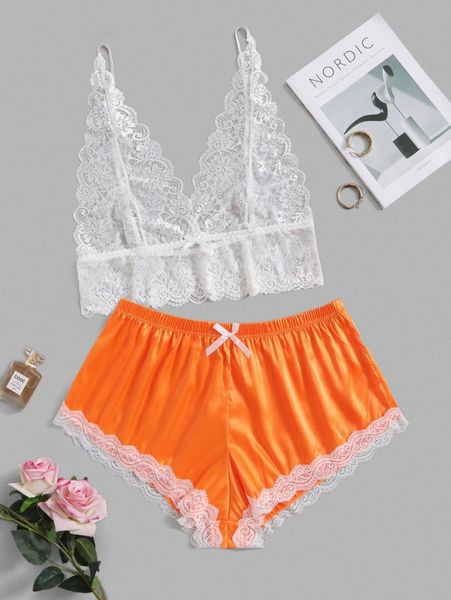 

plus contrast lace satin lingerie set p9gt#, Black;white