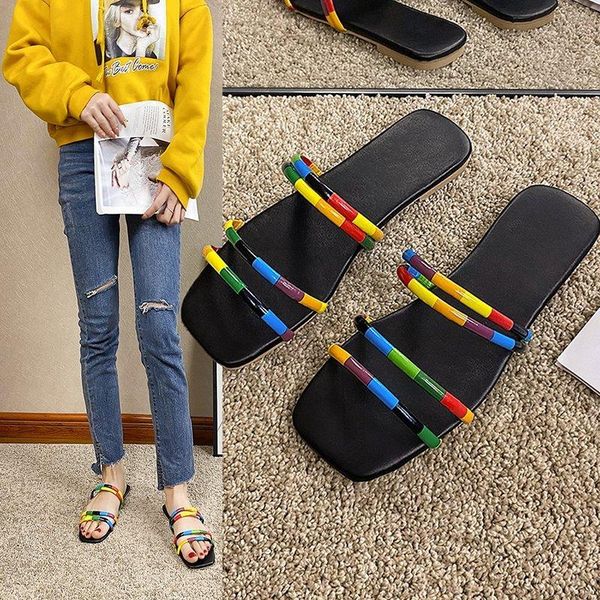 

flat slippers for women cute sandals fashion shoes casual outdoor beach shoes, household slippersrainbow upper, Black