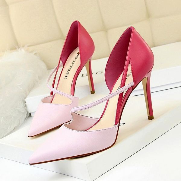 

dress shoes fashion sweet high-heeled female shallow mouth pointed head to spell color hollow out a word with thin single, Black
