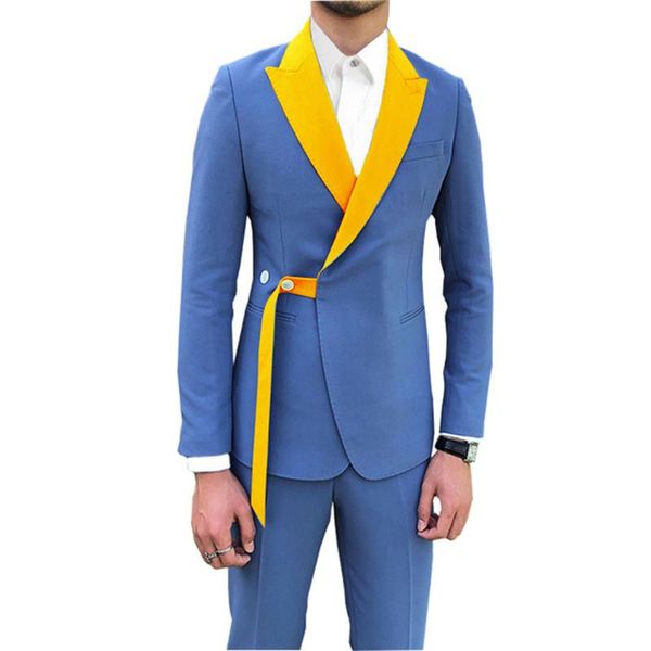 

men's suits & blazers 2021 est style men navy blue yellow lapel groom tuxedo groomsmen wedding man 2 pcs ( jacket + pants )costume made, White;black