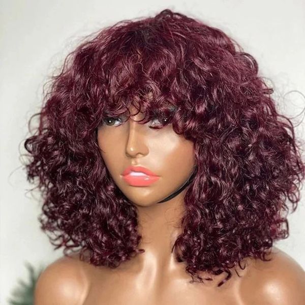 Máquina cheia feita perucas 99j Borgonha afro kinky curly Human Human Wig para mulheres negras Jerry Curlys Wigs com Fulls Bangs Preparado