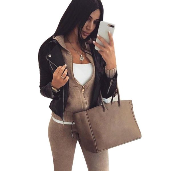 

two piece dress mvgirlru wool knitted suit winter warm for women zipper hooded cardigan with pant pieces set female tracksuit, White