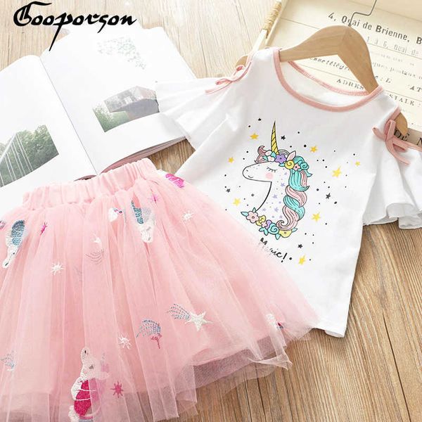 

kids girls summer clothes set unicorn printed toddler baby clothes set cute unicorn embroidery tutu skirt sets style 210715, White