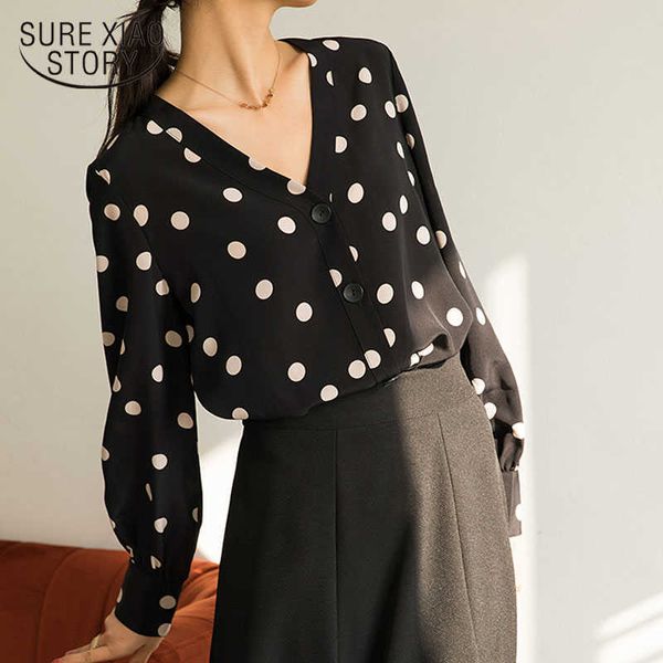 Осень V-образным вырезом свободно шифон блузка большие мм Рубашки плюс размер 4XL рубашки женщин с длинным рукавом в горошек женская блузка 10935 210528