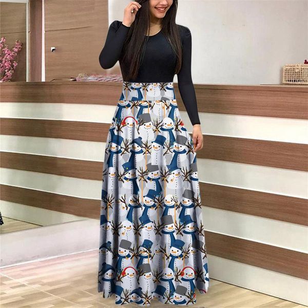 

casual dresses for women 2021 christmas snowman print maxi dress long sleeve ladies vestidos de mujer d5, Black;gray