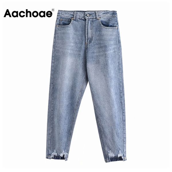 

aachoae casual blue color harem pants women holes scratched retro long length jeans lady baggy loose trousers pantalon femme 210413