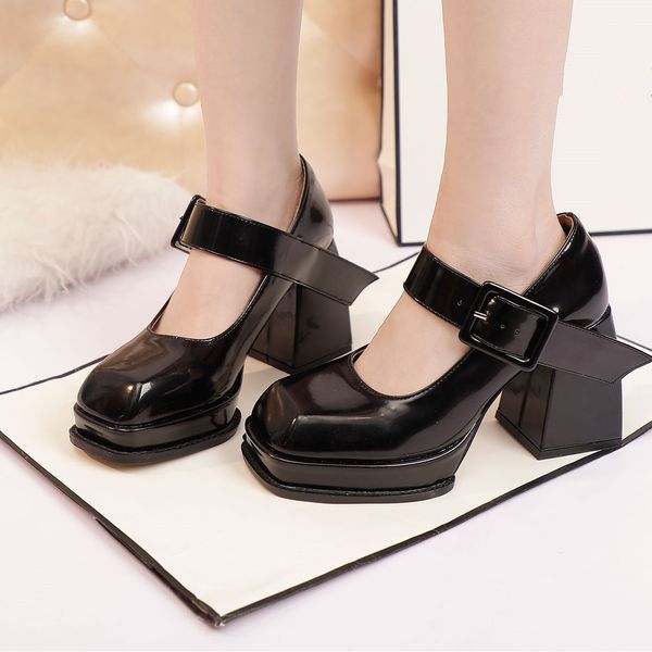 

dress shoes therainoov women's pumps square-foot toe wholesale heel buttons fashion high petant black leather mary jane ispz