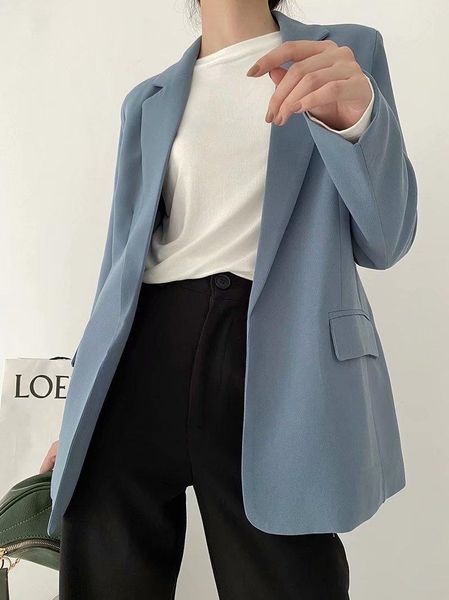

tmoda416 womens blue blazer jacket casual solid color double-breasted pocket coat office lady autumn and spring, White;black