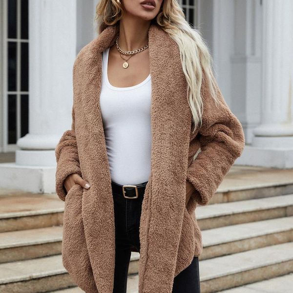 

women's fur & faux women coat fleece warm cardigan 2021 winter jacket overcoat loose casual plush chaqueta mujer female, Black