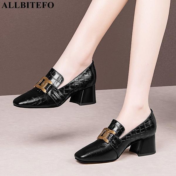 

dress shoes allbitefo genuine leather brand heel thick heels buckle party women size:34-42, Black