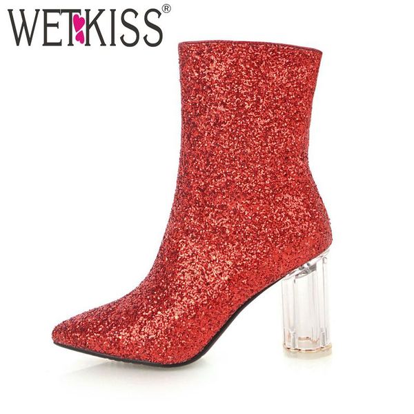 

boots wetkiss ankle women pointed toe bling footwear fashion wedding female transparent high heeled shoes 2021, Black