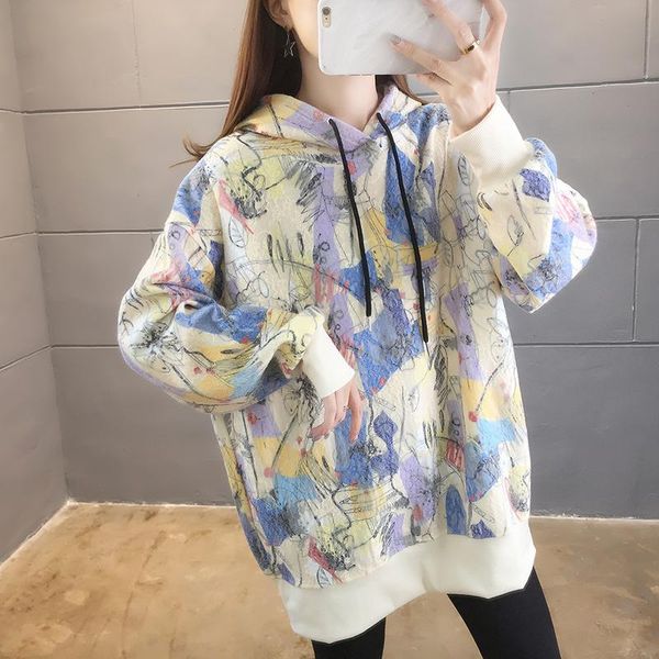 

women's hoodies & sweatshirts jvcake hooded long sleeved winter autumn mid length pullover commuter all match graffiti sweatershirt blu, Black