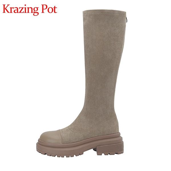 

boots krazing pot winter keep warm cow leather stretch rome round toe platform thick high heels daily wear thigh l90, Black