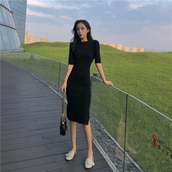 

ladies retro temperament slim slimming round neck bottoming knitted split dress office lady knee-length 210603, Black;gray