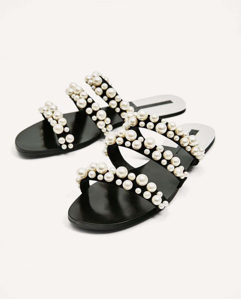 

women shoes brand women slippers fashion flat heel black open toe pearl flat slipper female slides outdoor flip-flop beach shoes