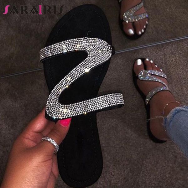 

slippers sarairis summer casual rhinestone ins brand design flat women cool bling crystal shoes woman, Black