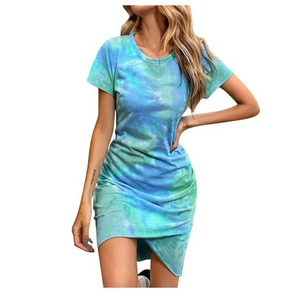

casual dresses women-clothing summer tie-dye printing short-sleeved dress vestidos verano trafic femme mode chic tenue de burea, Black;gray