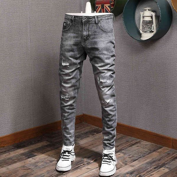 

jeans korean style fashion men retro gray elastic cotton slim fit ripped jeans streetwear vintage designer denim pencil pants, Blue
