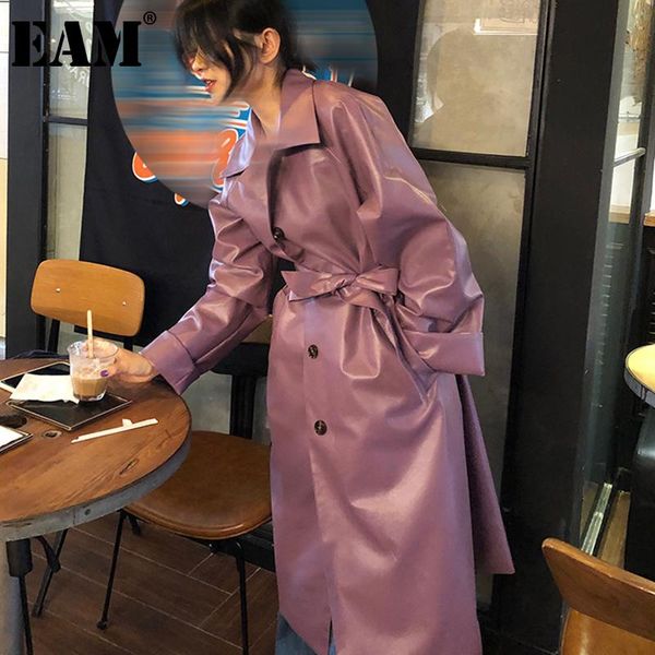

women's trench coats [eam] women purple pu leather big size long lapel sleeve loose windbreaker fashion spring autumn 2021 1dd6458, Tan;black