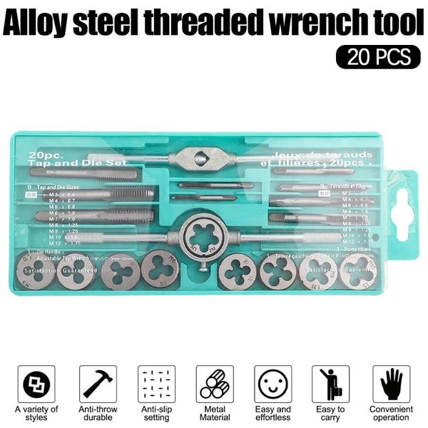 

professional hand tool sets 20 pcs metric tap dies set m3-m12 alloy steel screw thread wrench cutters kit taps tools with storage case