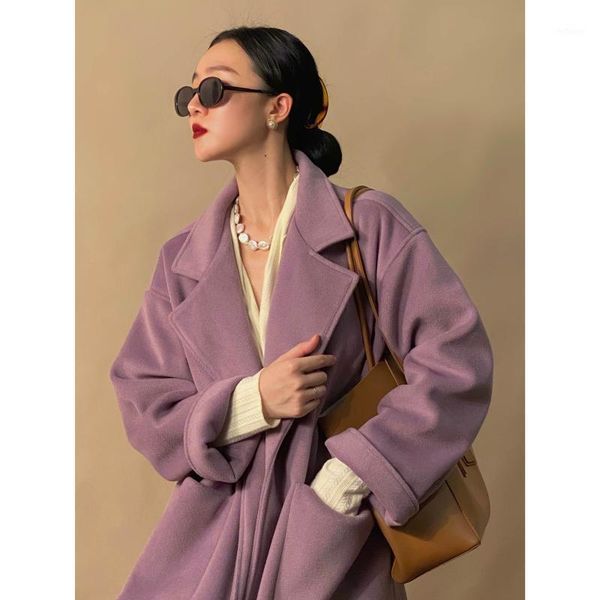 

women's wool & blends women coat french style solid color loose casual fashion turn down collar side split elegant straight female wint, Black