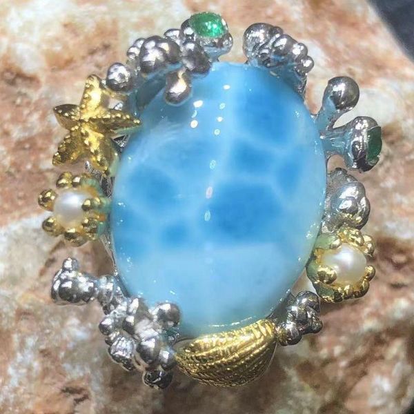

cluster rings natural larimar ring 925 silver herringbone classic fashion emerald pearl with stone, Golden;silver