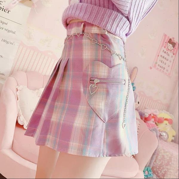 

gothic lolita cute plaid women skirt mini pleated harajuku kawaii cosplay heart pocket school girl vintage short skirts, Black