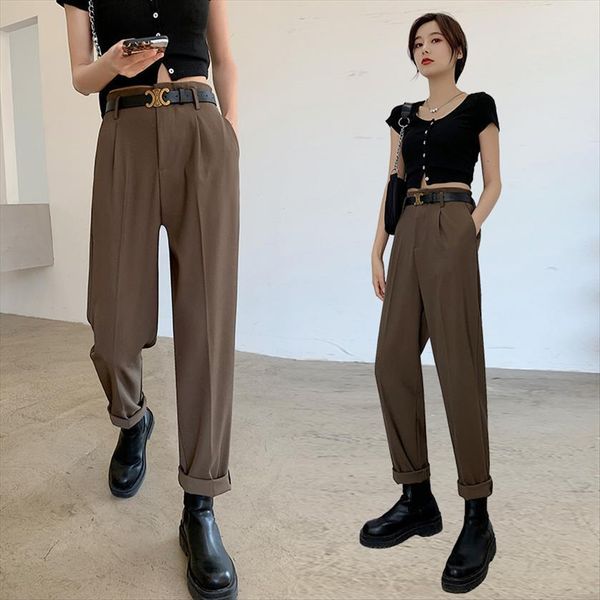 

high waist straight harem women pants casual loose plus size korean trousers elegant office belt pantalones de mujer, Black;white
