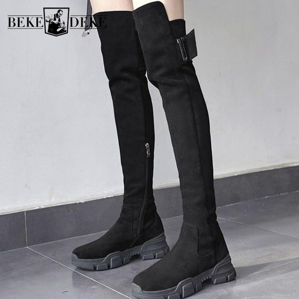 

boots genuine leather slim black thick bottom womens over the knee winter fashion round toe female nubuck knight