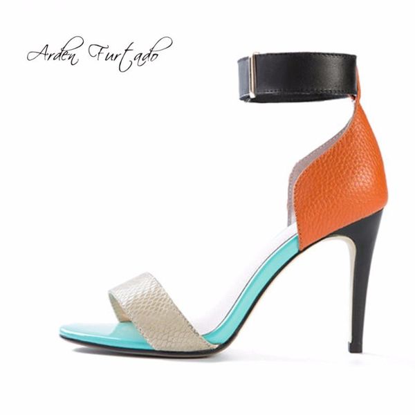

fashion 2021 summer mixed color sandals women genuine leather high heels buckle ankle strap open toe party shoes for woman, Black