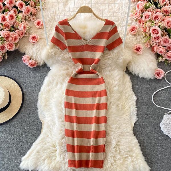 

casual dresses v-neck knitted stripe midi dress women's korean fashion short sleeve girl light mature split bodycon, Black;gray